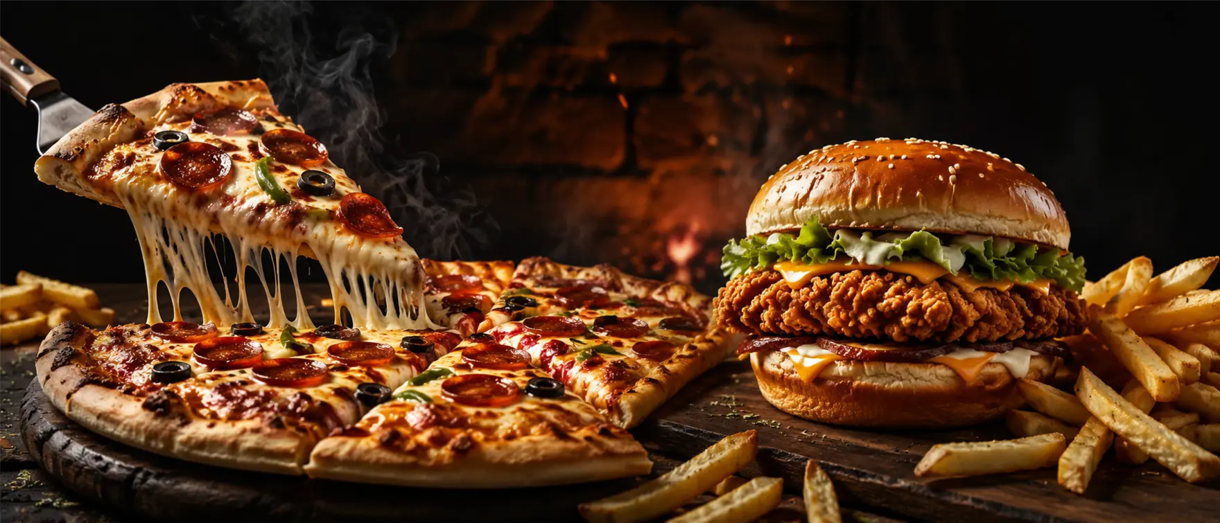 Cheesy pepperoni pizza slice, zinger burger and fries